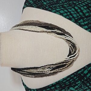 Beaded Multi Strand Black Cream Tan Necklace